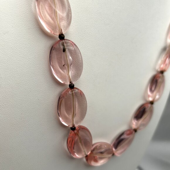 Vintage Pink Glass Bead Necklace Oval Molded Translucent Beads 24” Retro - Picture 9 of 11